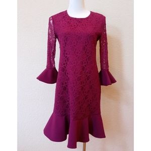 La Pateau burgundy plum lace ruffle hem dress